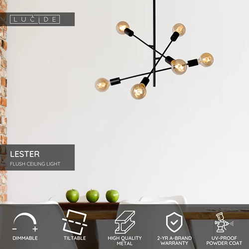 Lucide LESTER - Flush ceiling light - 6xE27 - Black - USP